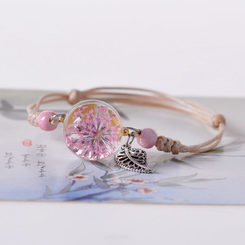 Z - Real Flower Glass Resin bead Preserved Dry Flowers Adjustable Bracelet Boho Friendship Gifts