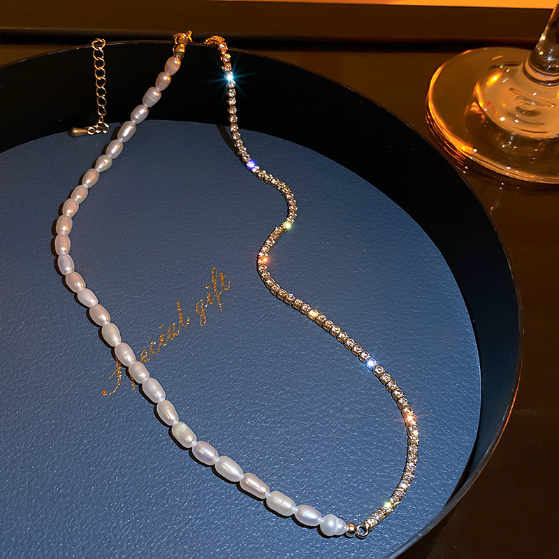 L - Crystal Splicing Baroque Pearl Necklace Freshwater Genuine Pearls