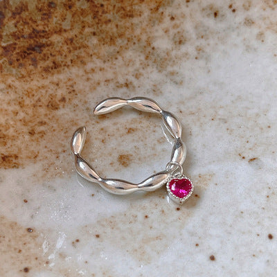 925 silver red heart charm ring