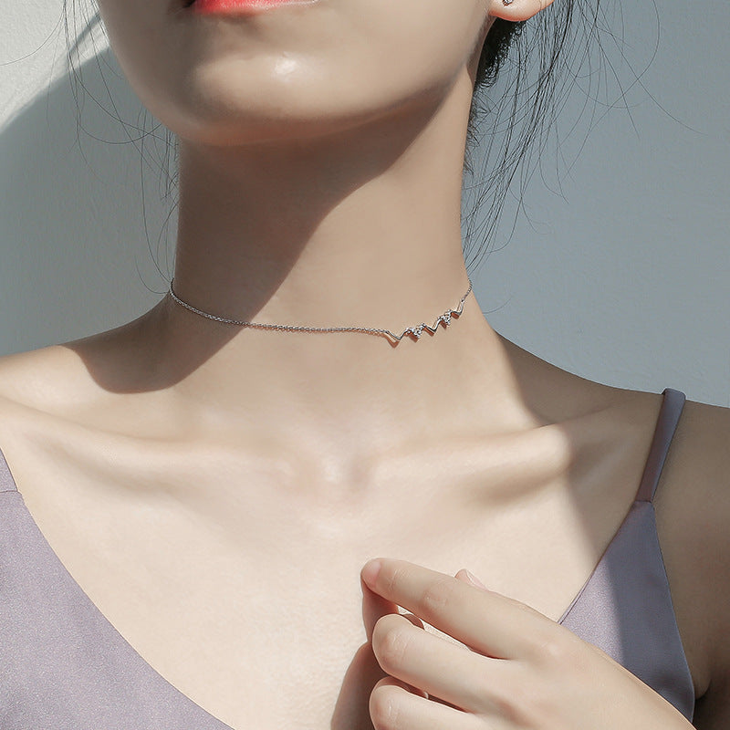 925 silver plated electrocardiogram CZ stone choker necklace
