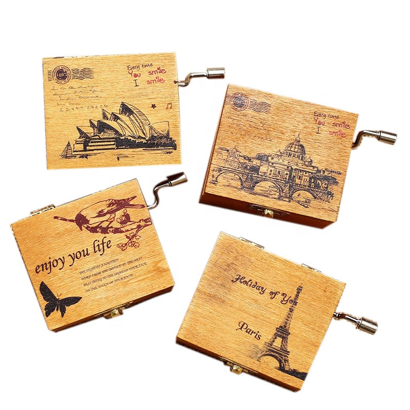 Wood Music Box Handwinde Fun Learning Frozen Eiffle Tower Black Castle Opera Butterfly Heart Lock
