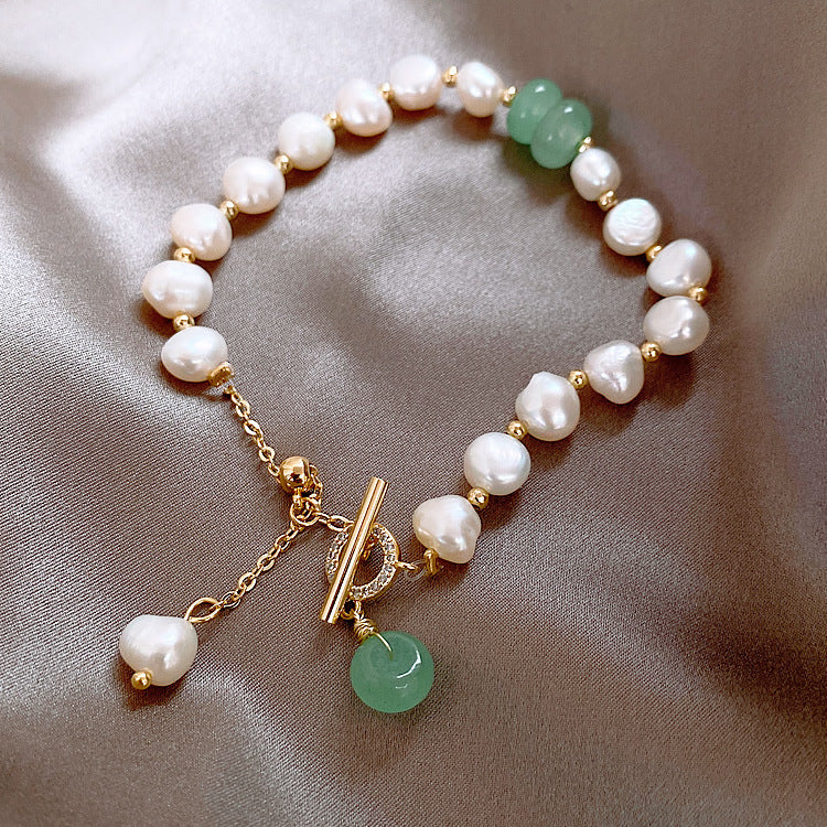 V - Real Jade & Fresh Water Pearl Crystal Charm Adjustable Bracelet Real Pearls White Baroque Gold Gift