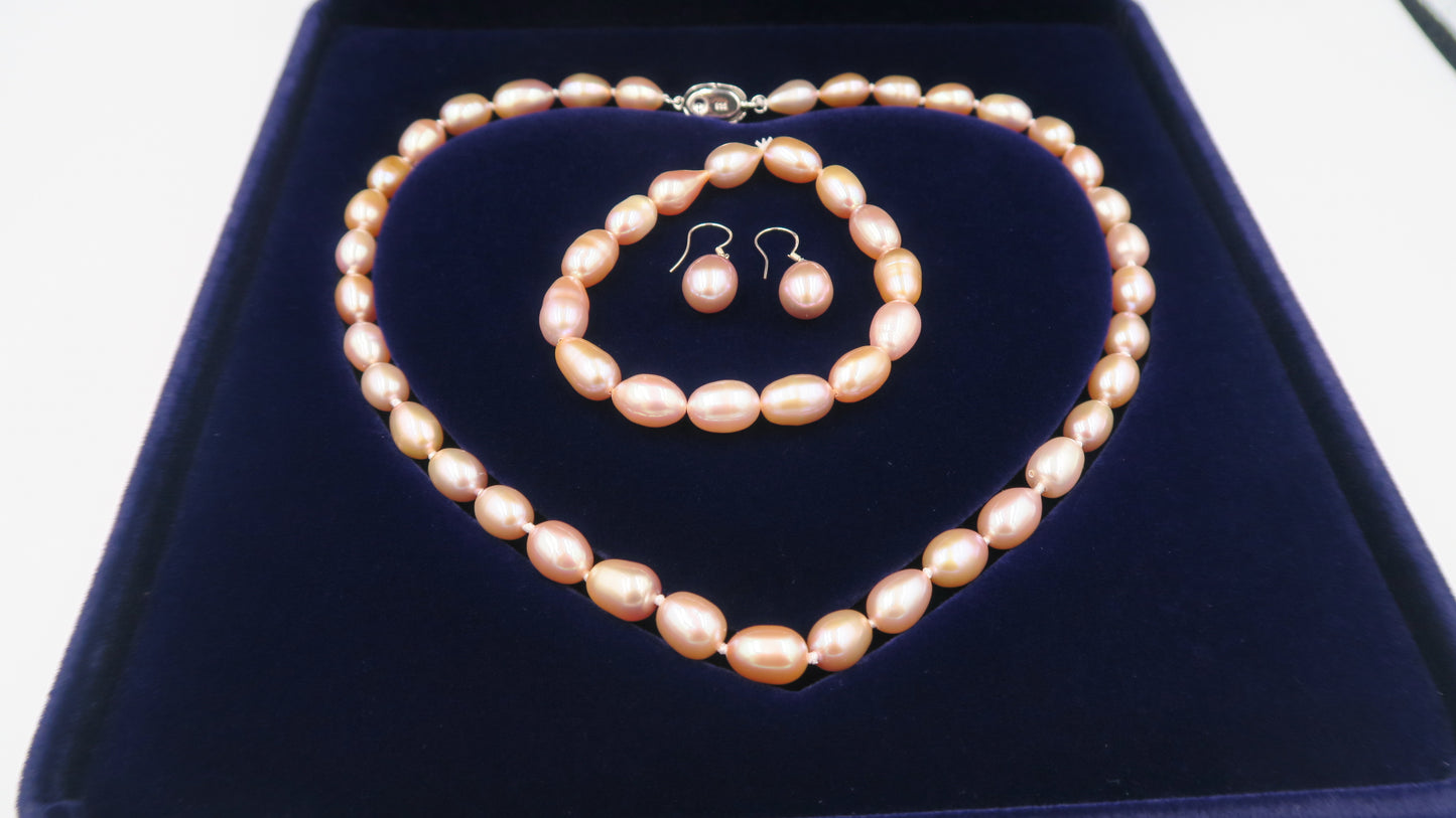 PC - Real Pearl Full Set Purple Pink Pearls Necklace Bracelet Earring Drop Rice Shape Celeste 925 Sterling Silver gift