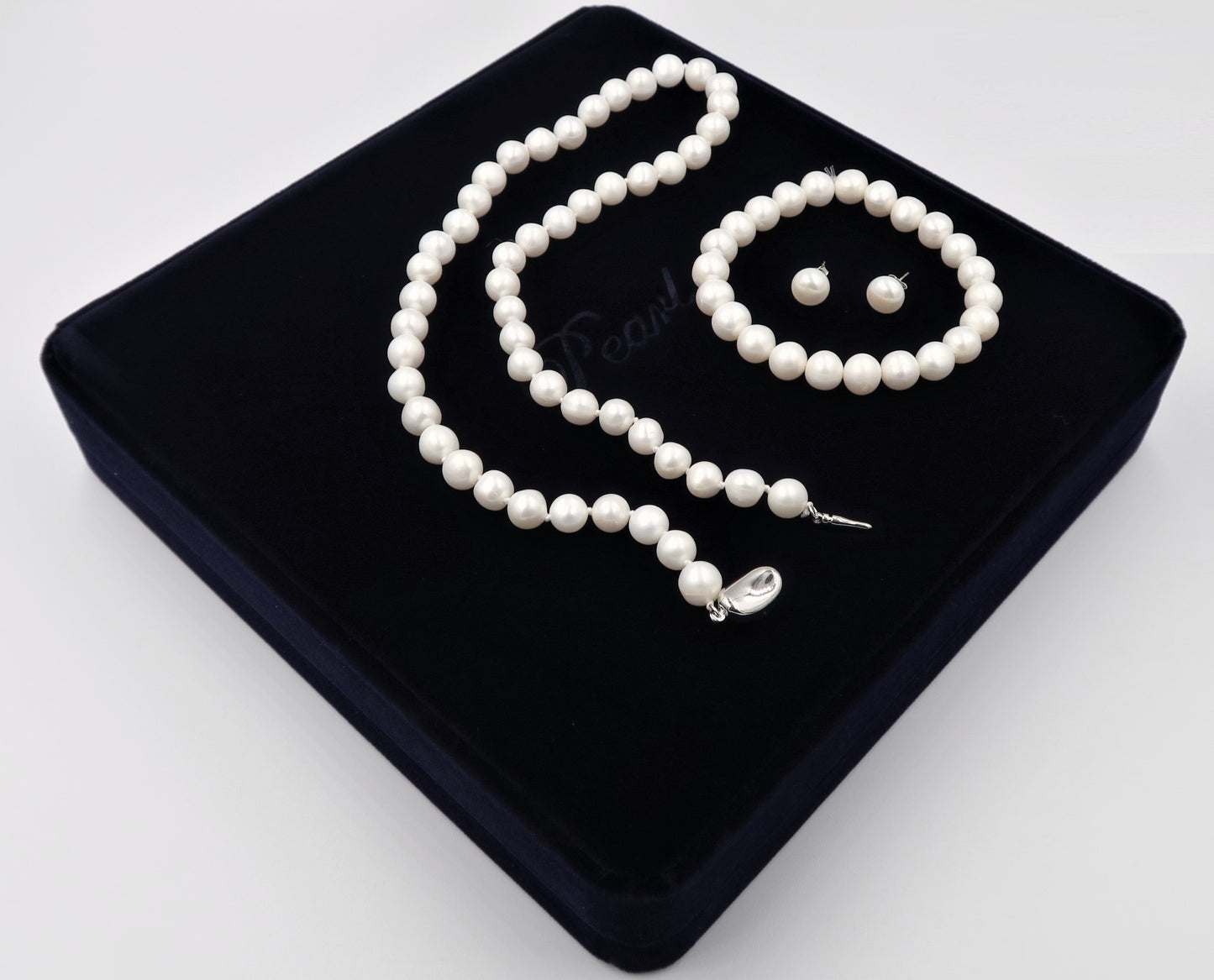 PA - Real Pearl Full Set Fresh Water Pearls Necklace Bracelet Earring Celeste 925 Sterling Silver White Round Pearls gift box