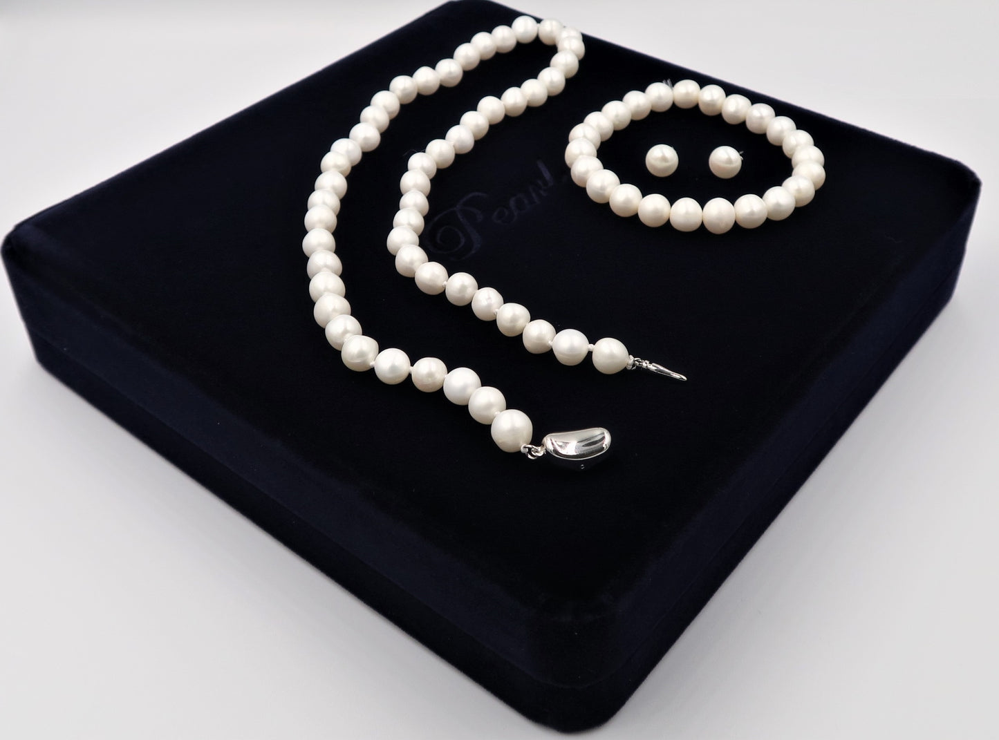 PA - Real Pearl Full Set Fresh Water Pearls Necklace Bracelet Earring Celeste 925 Sterling Silver White Round Pearls gift box