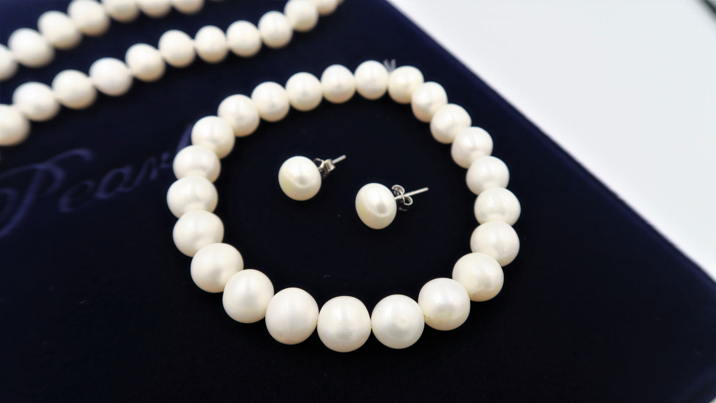 PA - Real Pearl Full Set Fresh Water Pearls Necklace Bracelet Earring Celeste 925 Sterling Silver White Round Pearls gift box