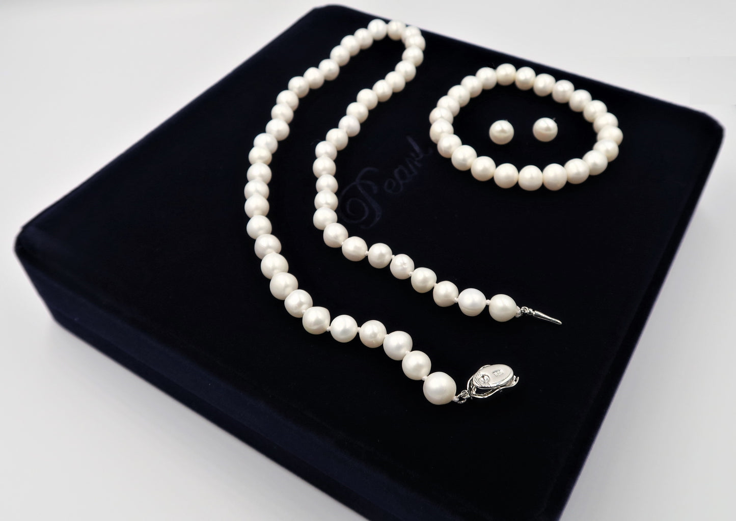 PA - Real Pearl Full Set Fresh Water Pearls Necklace Bracelet Earring Celeste 925 Sterling Silver White Round Pearls gift box