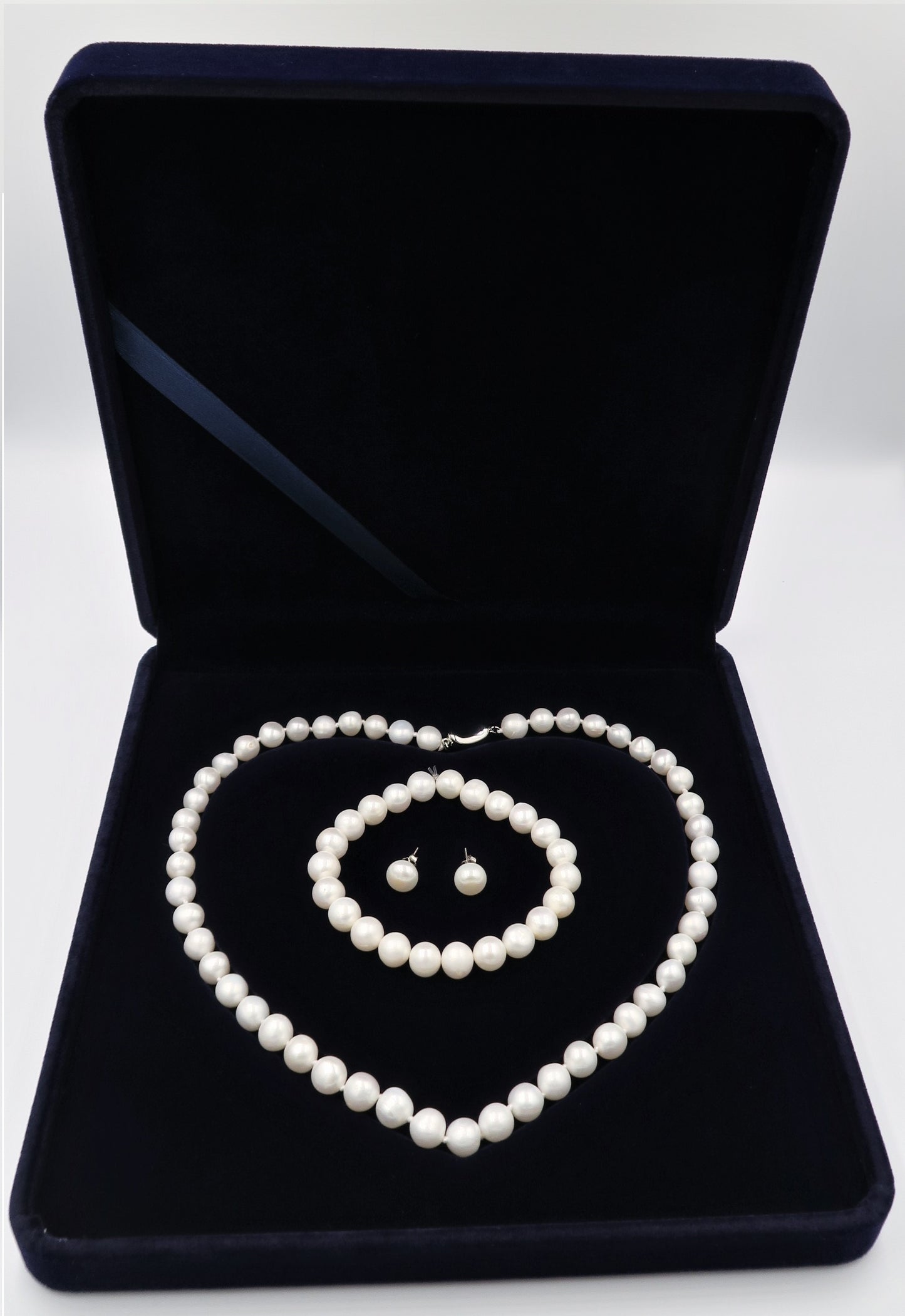 PA - Real Pearl Full Set Fresh Water Pearls Necklace Bracelet Earring Celeste 925 Sterling Silver White Round Pearls gift box