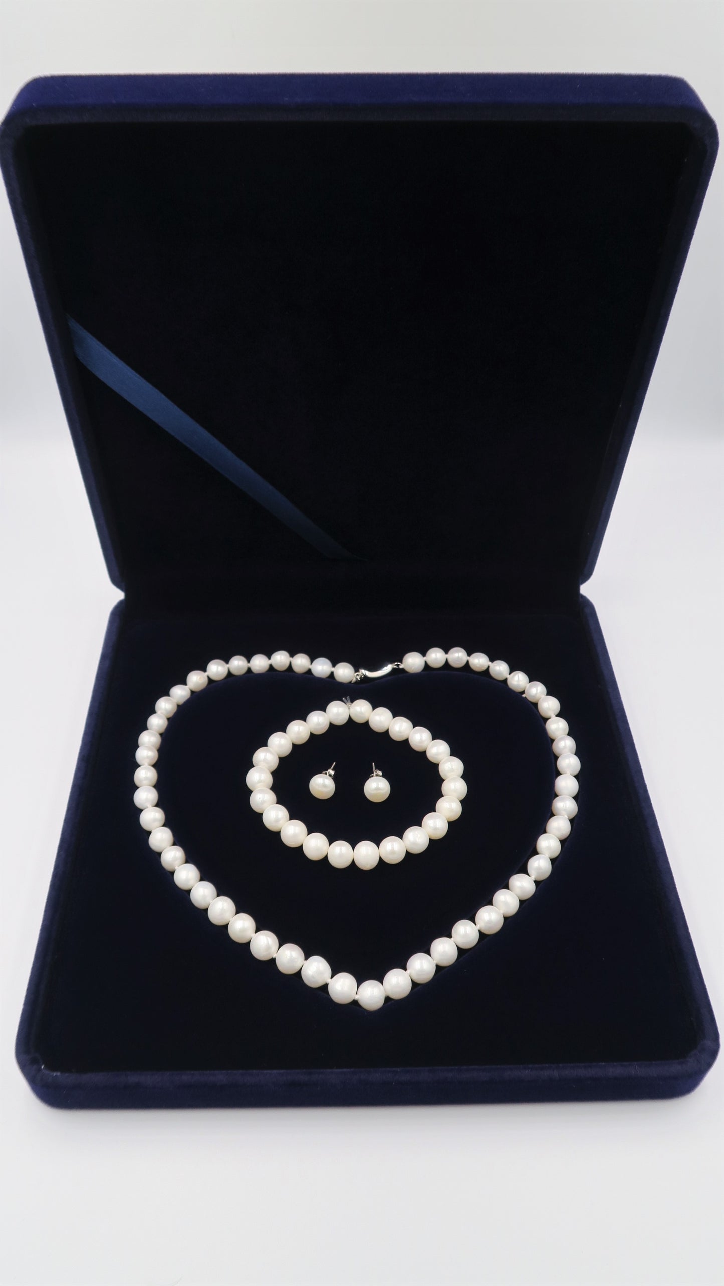 PA - Real Pearl Full Set Fresh Water Pearls Necklace Bracelet Earring Celeste 925 Sterling Silver White Round Pearls gift box