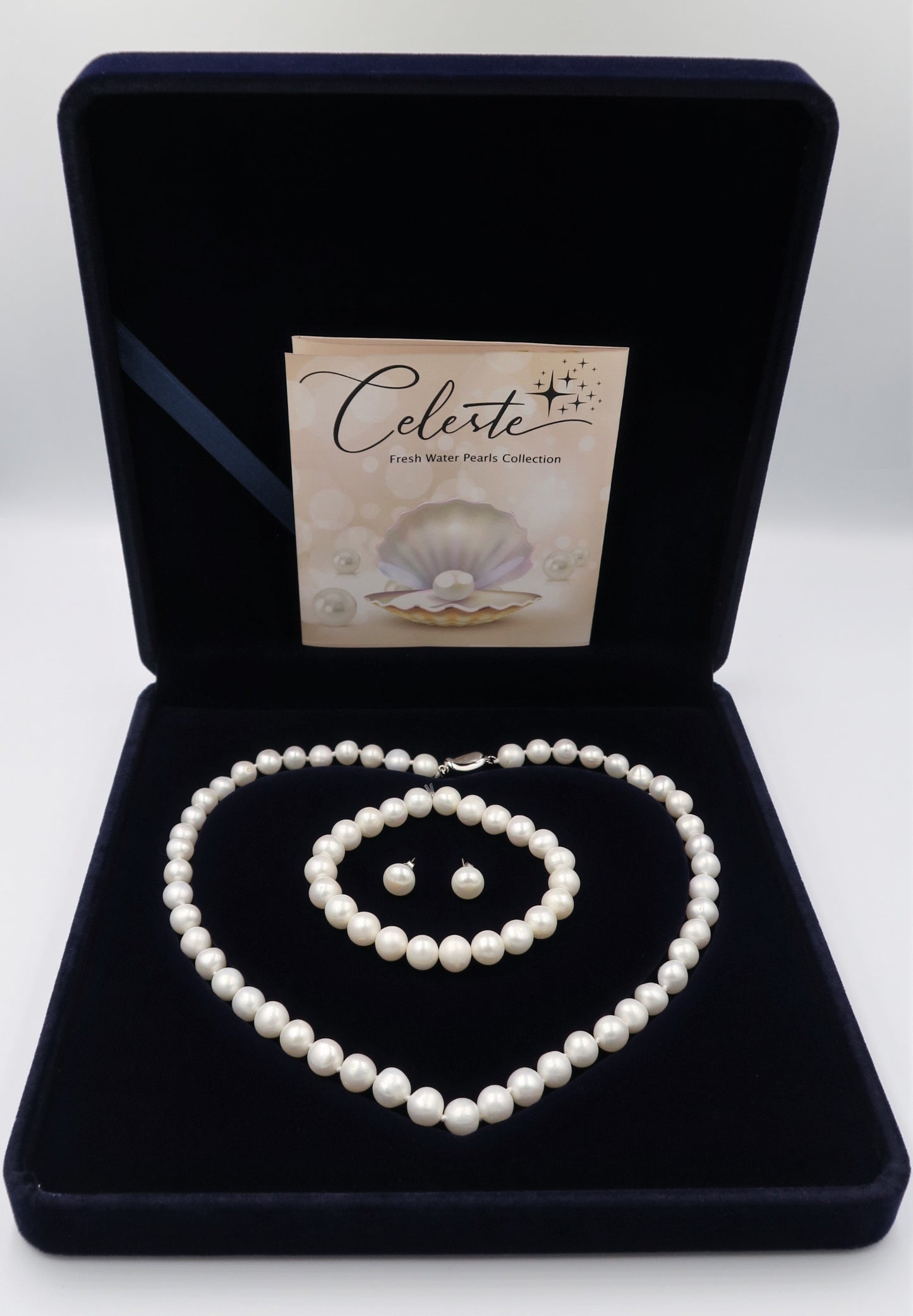 PA - Real Pearl Full Set Fresh Water Pearls Necklace Bracelet Earring Celeste 925 Sterling Silver White Round Pearls gift box