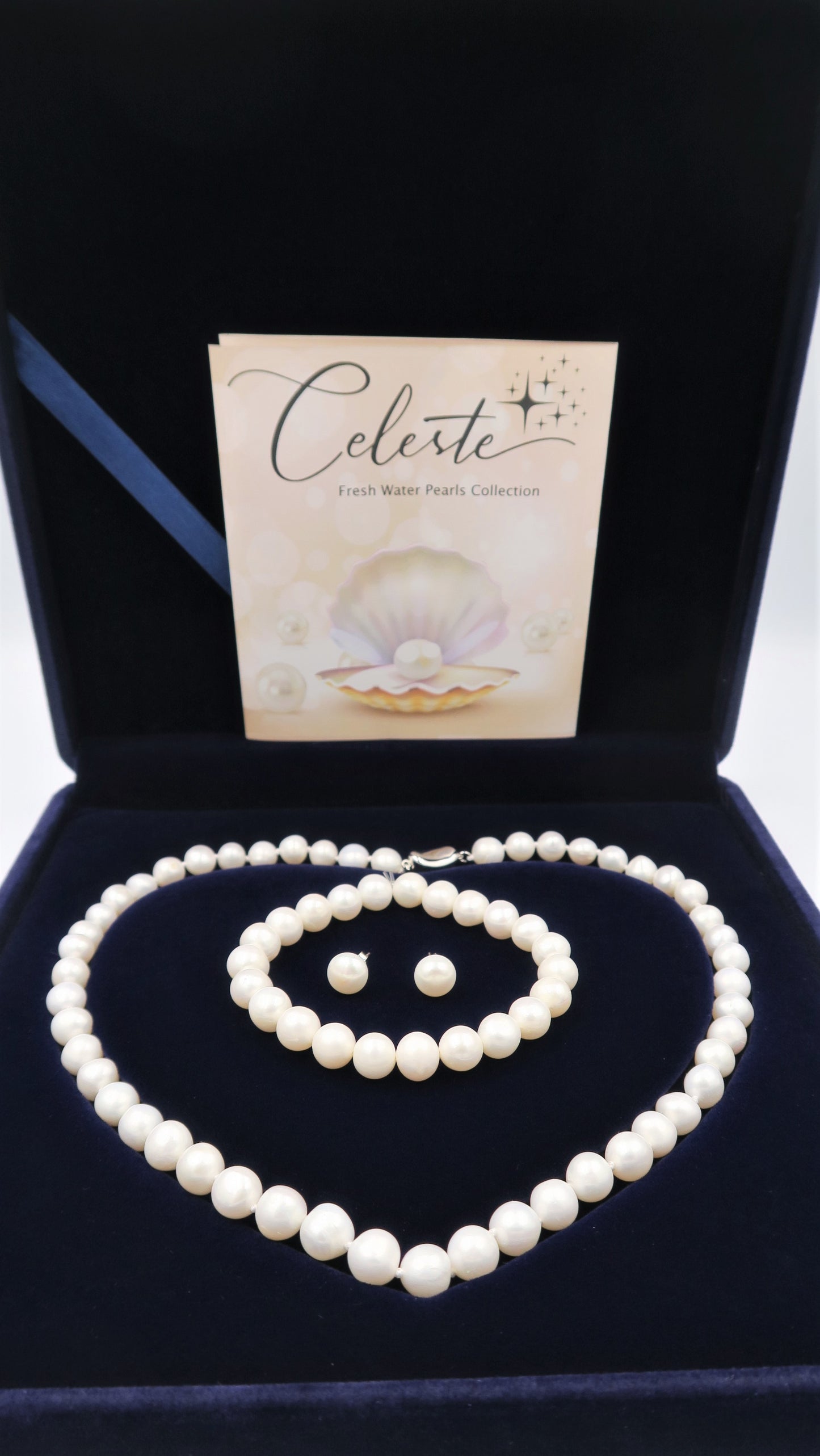 PA - Real Pearl Full Set Fresh Water Pearls Necklace Bracelet Earring Celeste 925 Sterling Silver White Round Pearls gift box