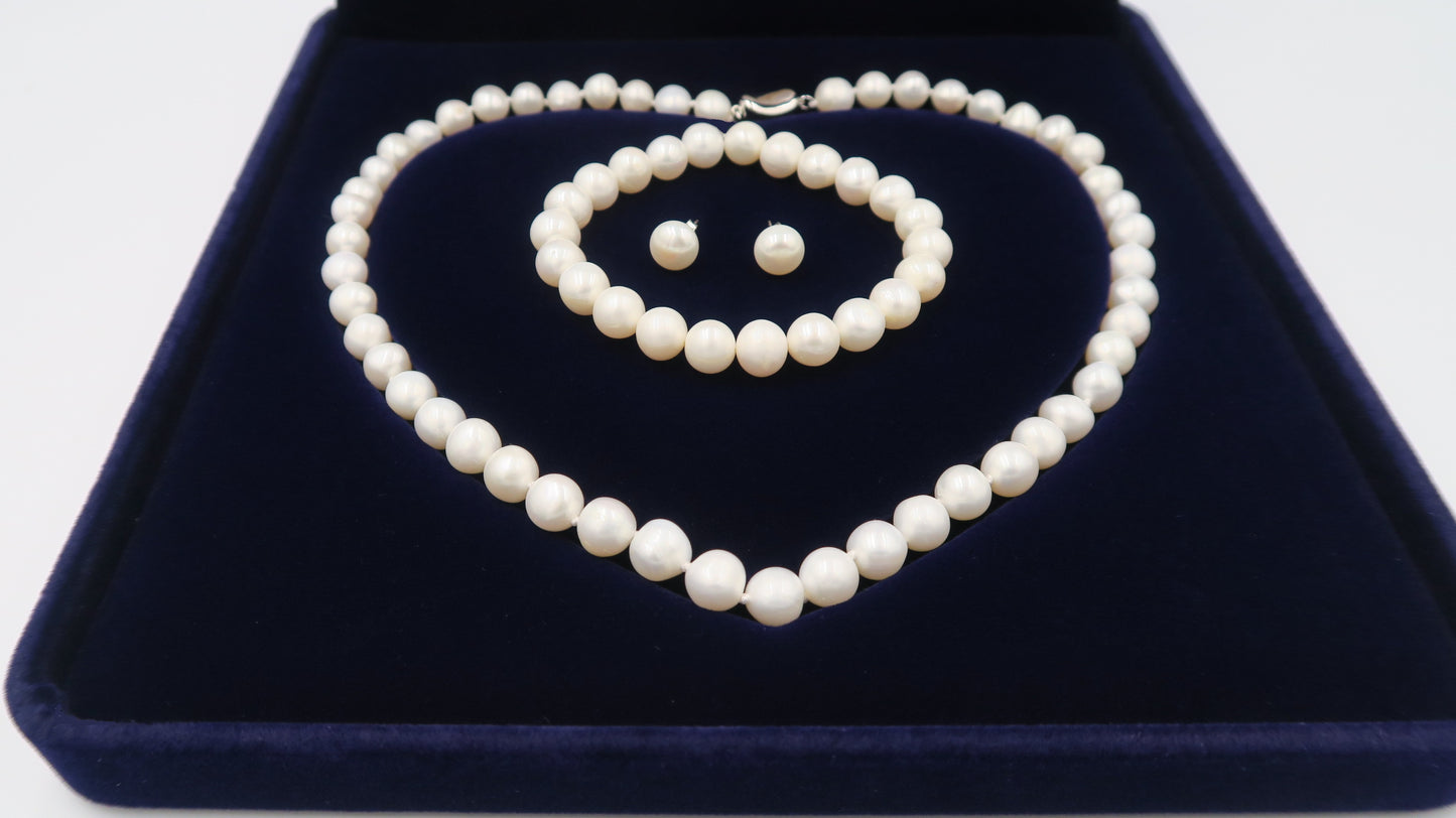 PA - Real Pearl Full Set Fresh Water Pearls Necklace Bracelet Earring Celeste 925 Sterling Silver White Round Pearls gift box