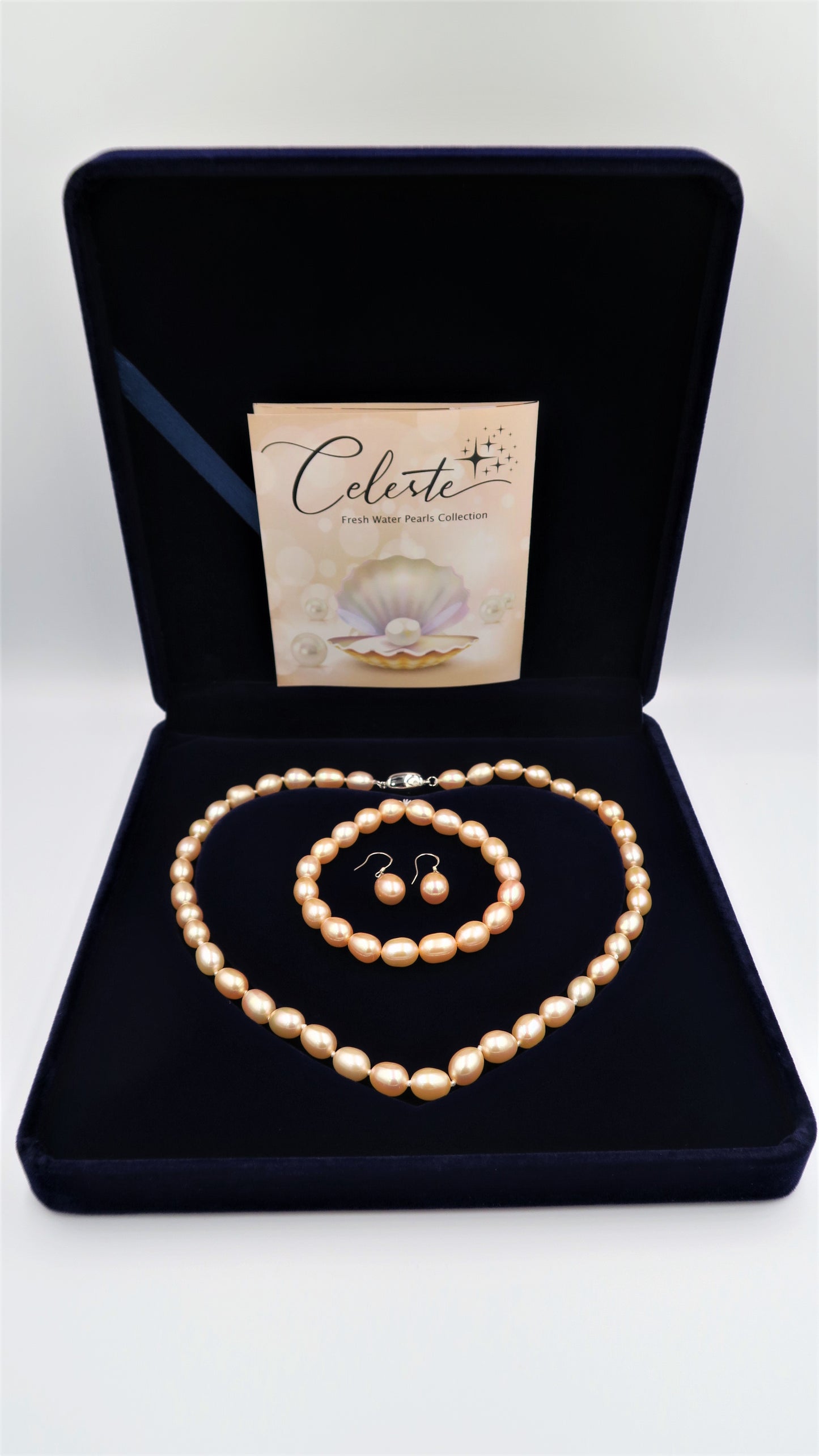 PC - Real Pearl Full Set Peach Pink Pearls Necklace Bracelet Earring Drop Rice Shape Celeste 925 Sterling Silver gift
