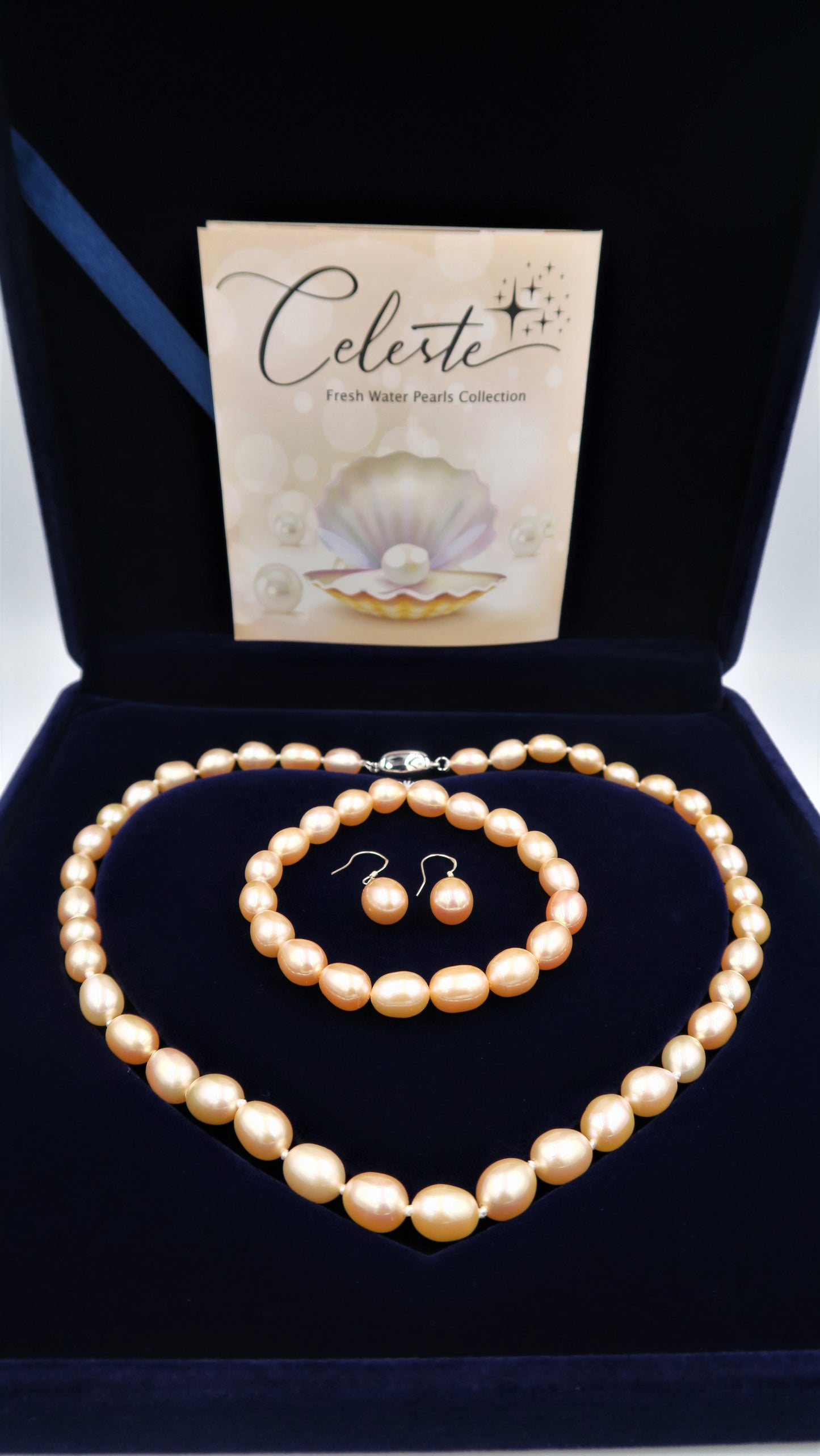PC - Real Pearl Full Set Peach Pink Pearls Necklace Bracelet Earring Drop Rice Shape Celeste 925 Sterling Silver gift