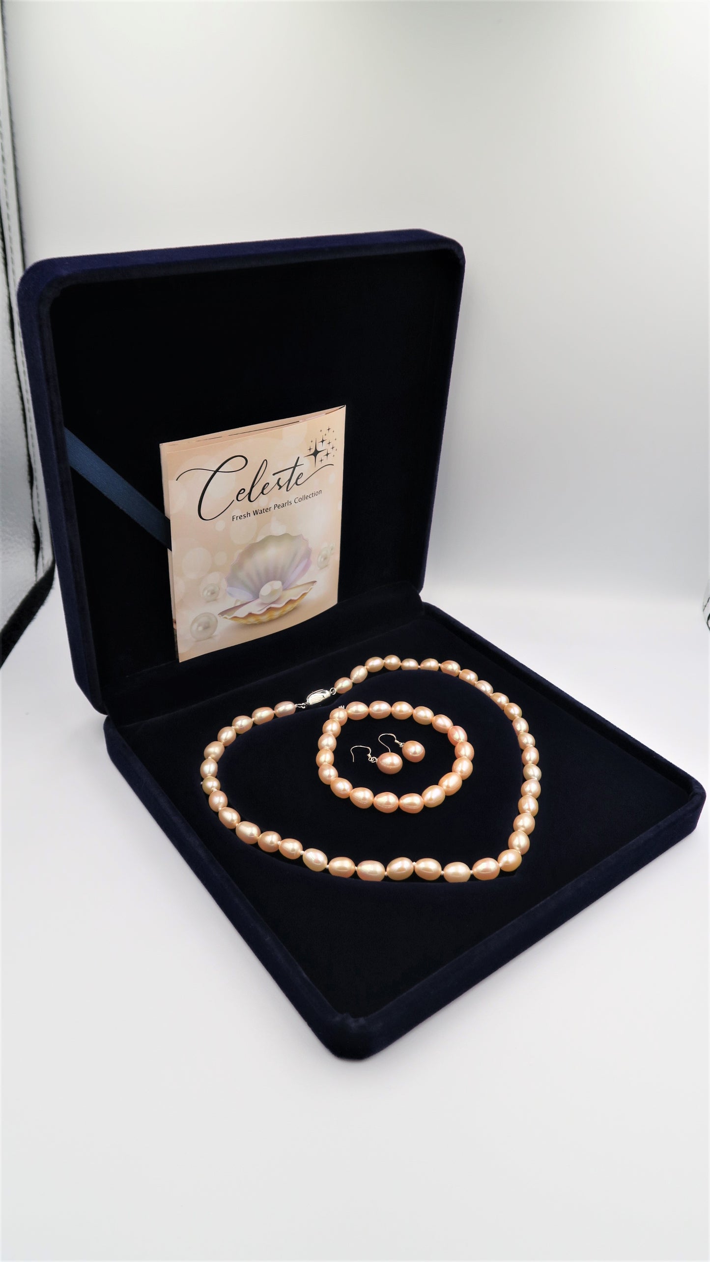 PC - Real Pearl Full Set Peach Pink Pearls Necklace Bracelet Earring Drop Rice Shape Celeste 925 Sterling Silver gift