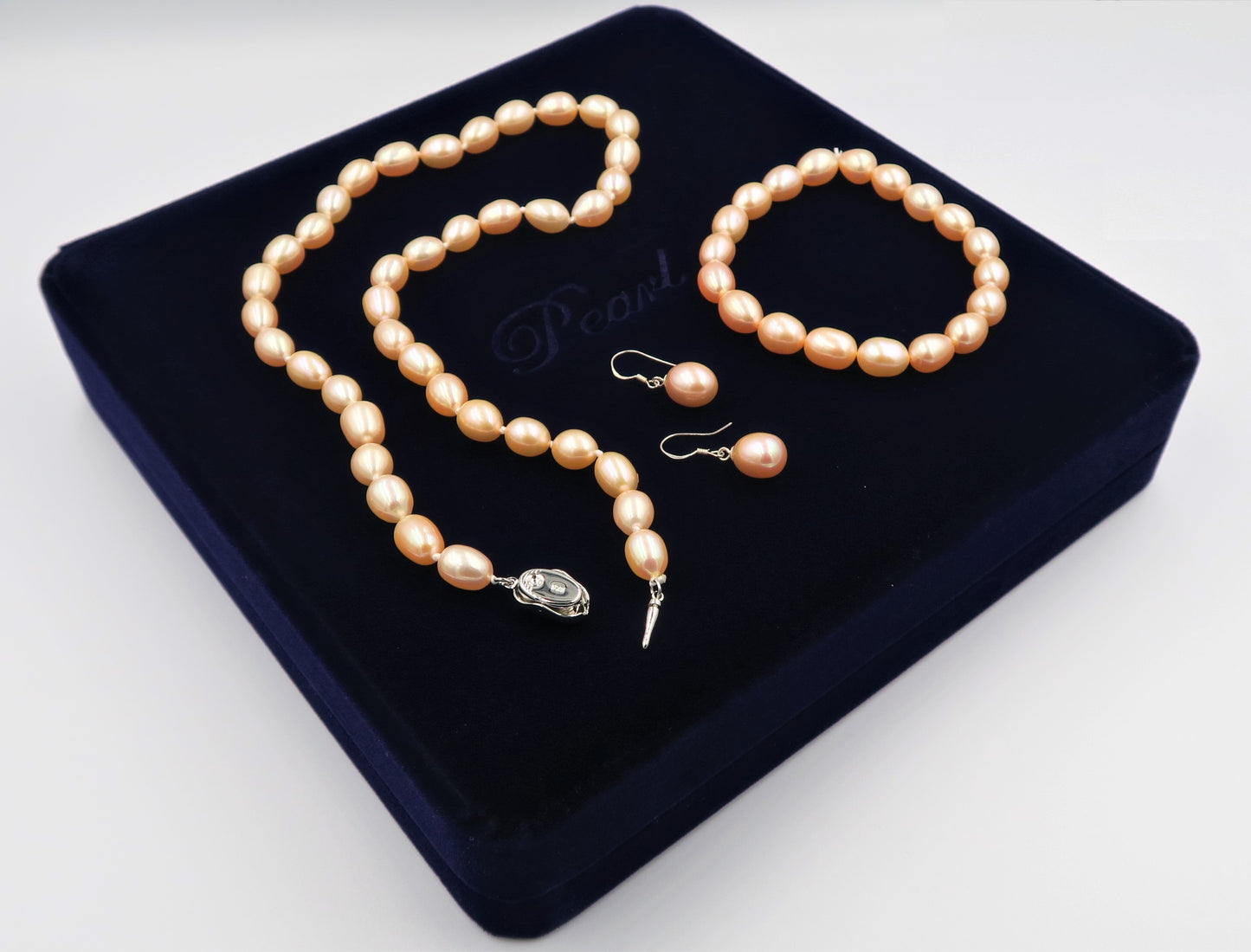 PC - Real Pearl Full Set Peach Pink Pearls Necklace Bracelet Earring Drop Rice Shape Celeste 925 Sterling Silver gift