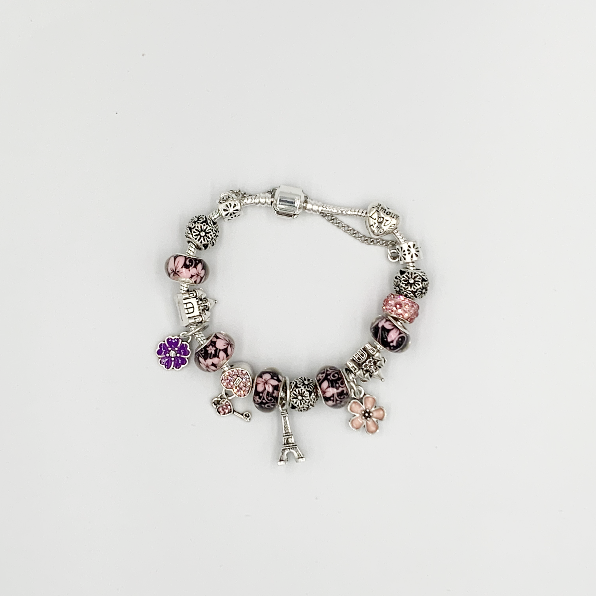 W - Romantic Glass Beaded Enamel Flower Charm Bracelet Crystal Heart Lock Key Tower Pendant Bracelet