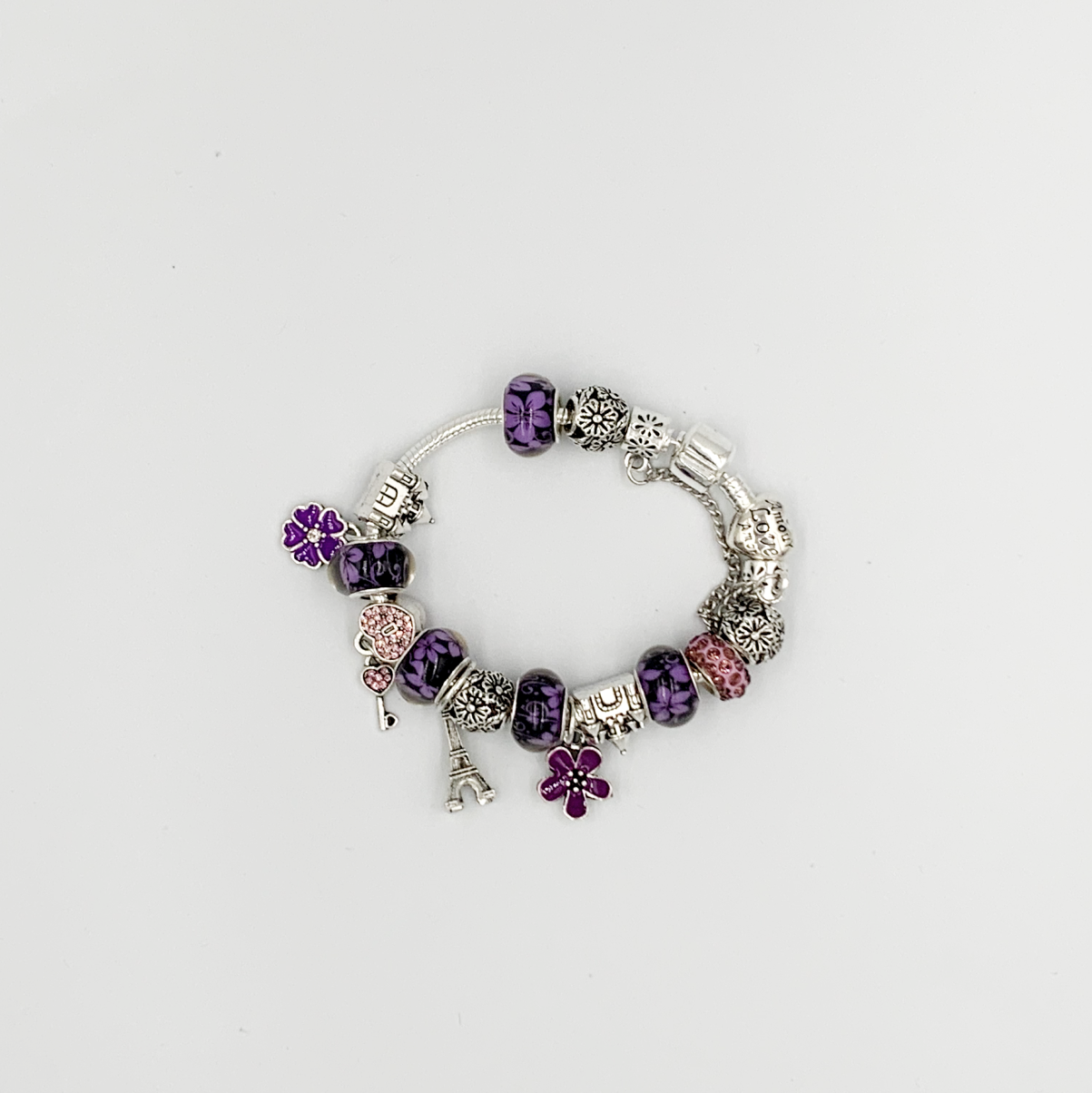 W - Romantic Glass Beaded Enamel Flower Charm Bracelet Crystal Heart Lock Key Tower Pendant Bracelet