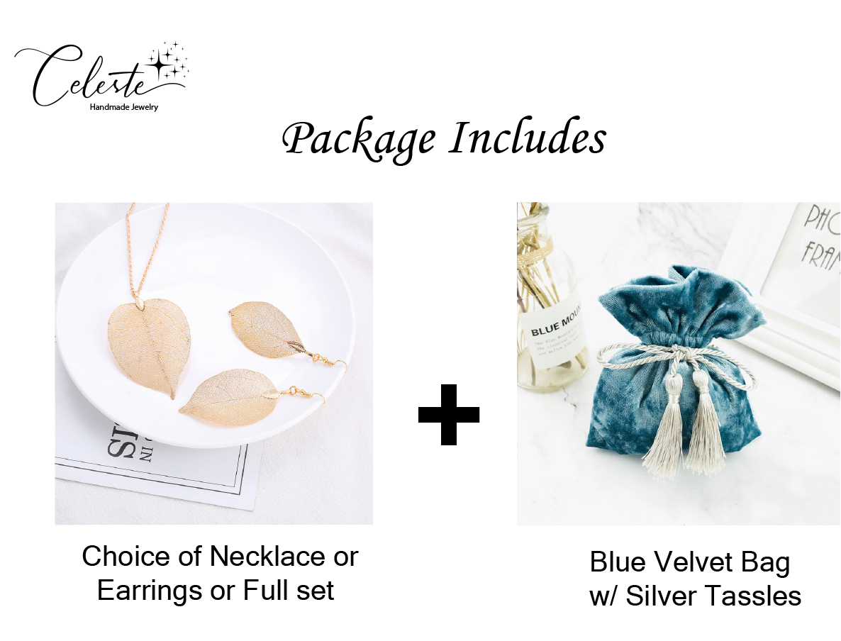 I - Real Leaf Rose Gold, Gold or Silver Plated Necklace Full Set Earrings Pendant gift