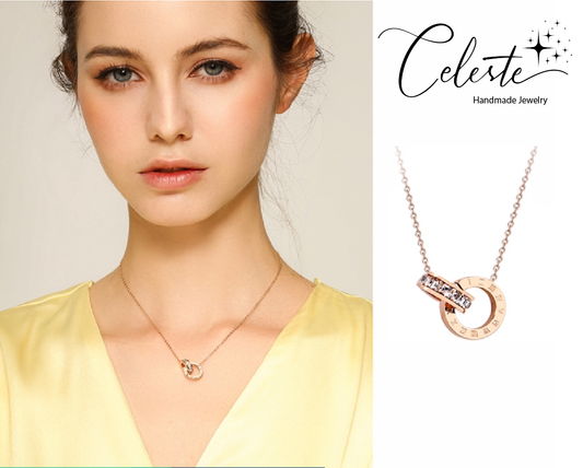 G - 18K Rose Gold Titanium Eternal Interlocking Crystal Circles Necklace Roman Numeral Pendant Infinity