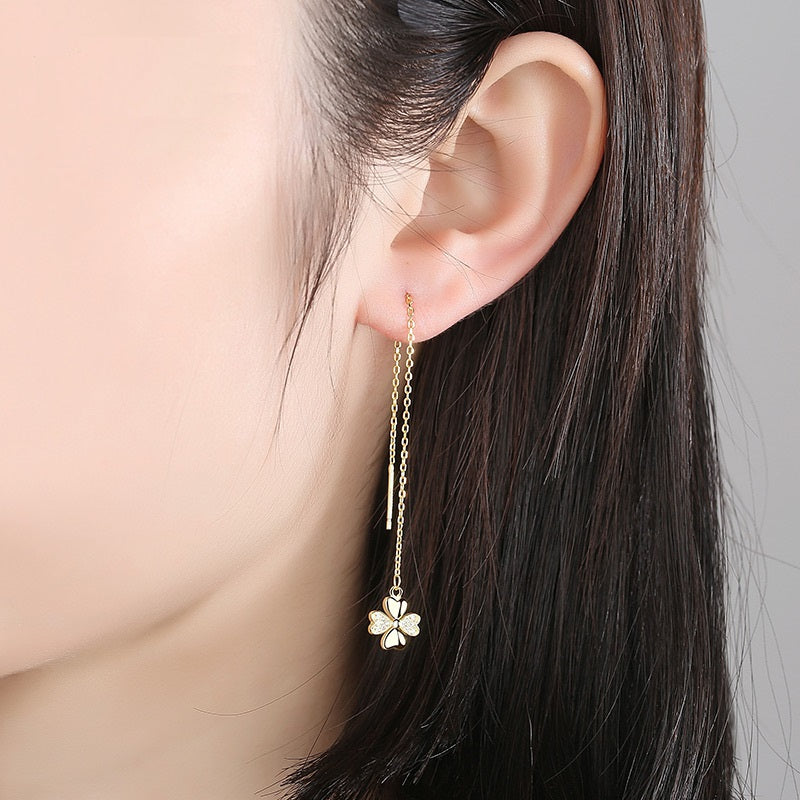 Four Leaf Clover Earrings Gold Dangle Drop Diamond Crystal 925 Sterling Silver Earring Gift