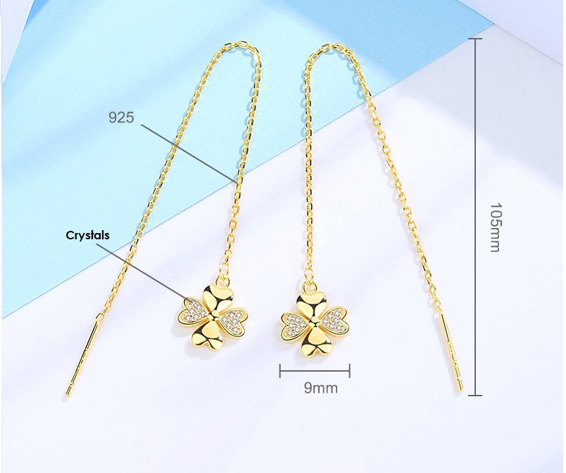 Four Leaf Clover Earrings Gold Dangle Drop Diamond Crystal 925 Sterling Silver Earring Gift