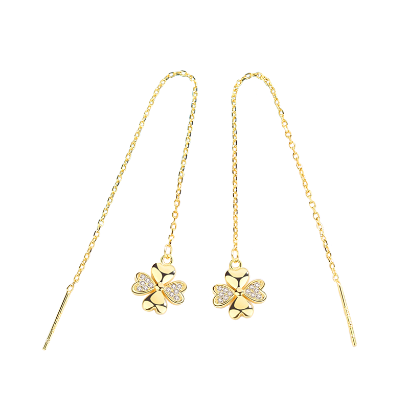 Four Leaf Clover Earrings Gold Dangle Drop Diamond Crystal 925 Sterling Silver Earring Gift
