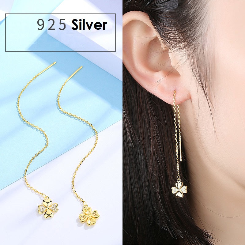 Four Leaf Clover Earrings Gold Dangle Drop Diamond Crystal 925 Sterling Silver Earring Gift