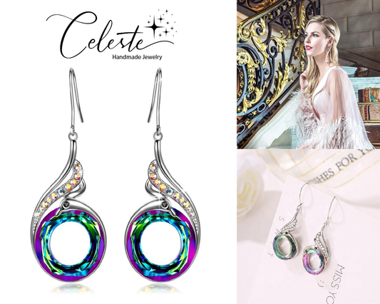 E - Crystal Pheonix Fire & Peacock Feather Circle Dangle Earrings Rhinstone Hook Earring