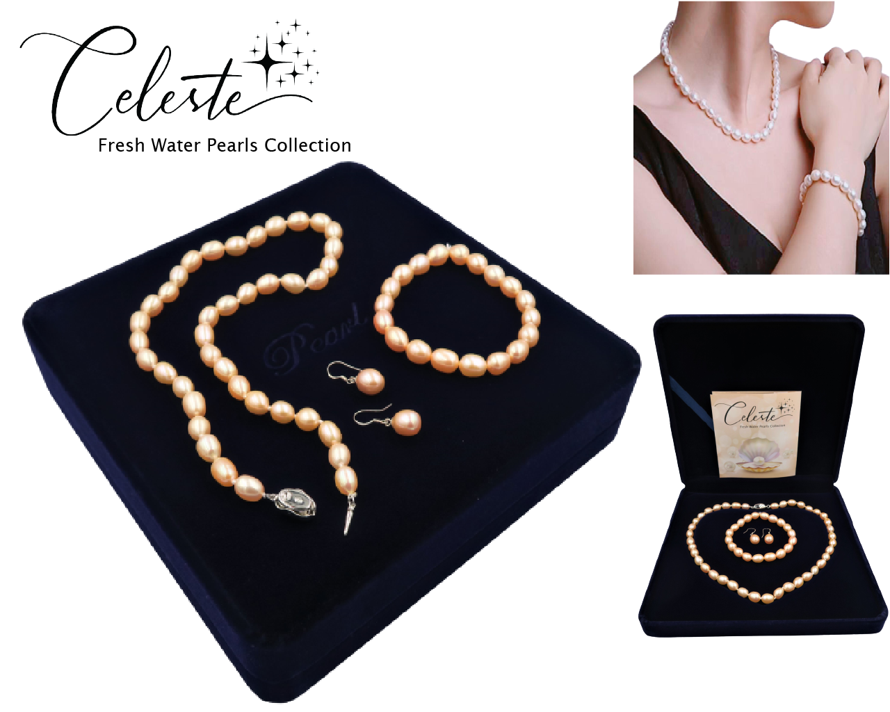 PC - Real Pearl Full Set Peach Pink Pearls Necklace Bracelet Earring Drop Rice Shape Celeste 925 Sterling Silver gift