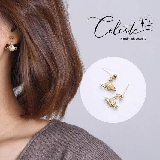 D - Galaxy Universe Saturn Earrings Crystal Gold 925 Sterling Silver Post Dainty Birthday Gift