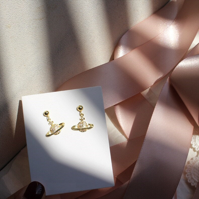 D - Galaxy Universe Saturn Earrings Crystal Gold 925 Sterling Silver Post Dainty Birthday Gift