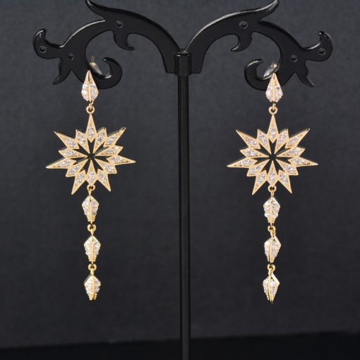 A - Sun Star Burst Earrings Gold Dangle Drop Diamond Cubic Zirconia 925 Sterling Silver Earring Gift