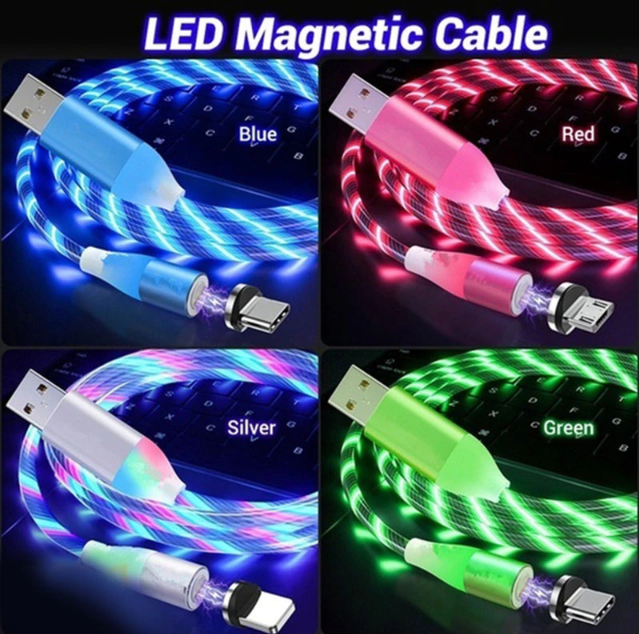 K - LED Fast Charging 3 In 1 Magnetic Cable Charger Lighning Type C Micro B Magnet Flowing Light Charging USB