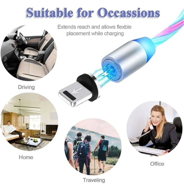 K - LED Fast Charging 3 In 1 Magnetic Cable Charger Lighning Type C Micro B Magnet Flowing Light Charging USB