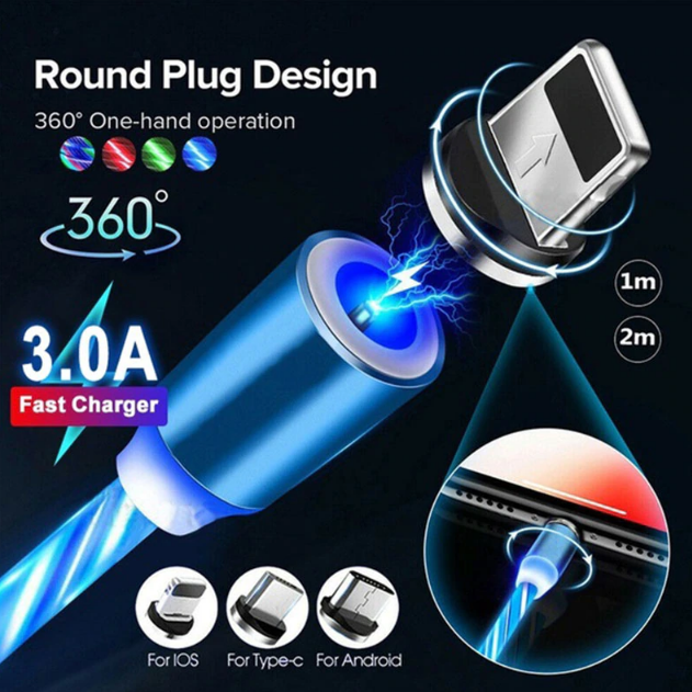 K - LED Fast Charging 3 In 1 Magnetic Cable Charger Lighning Type C Micro B Magnet Flowing Light Charging USB