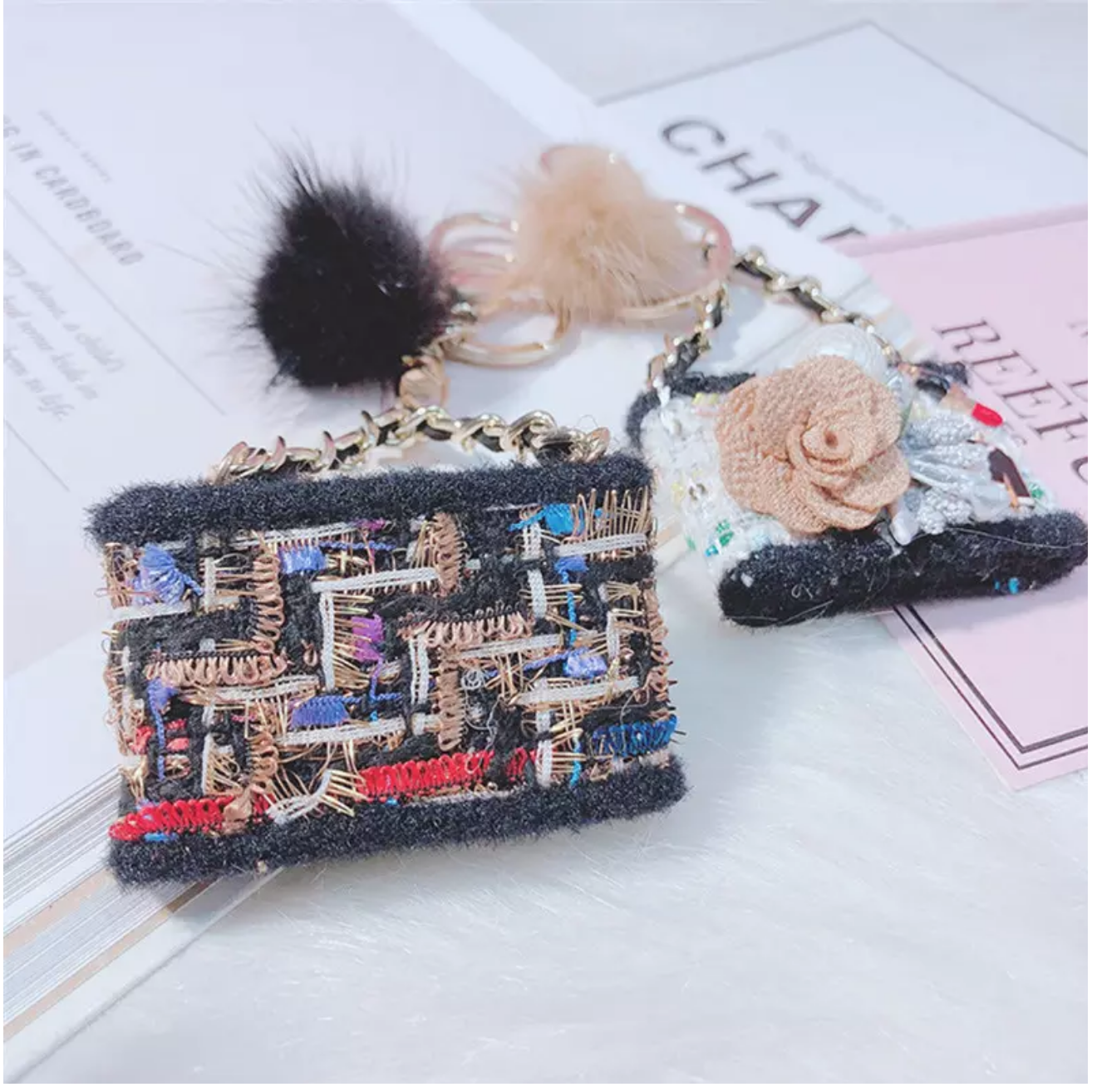 Creative Fur Tassel Ball Diamond Crystal Rhinestone Handbag Car Keychain Ladies Gift Pendant Keyring