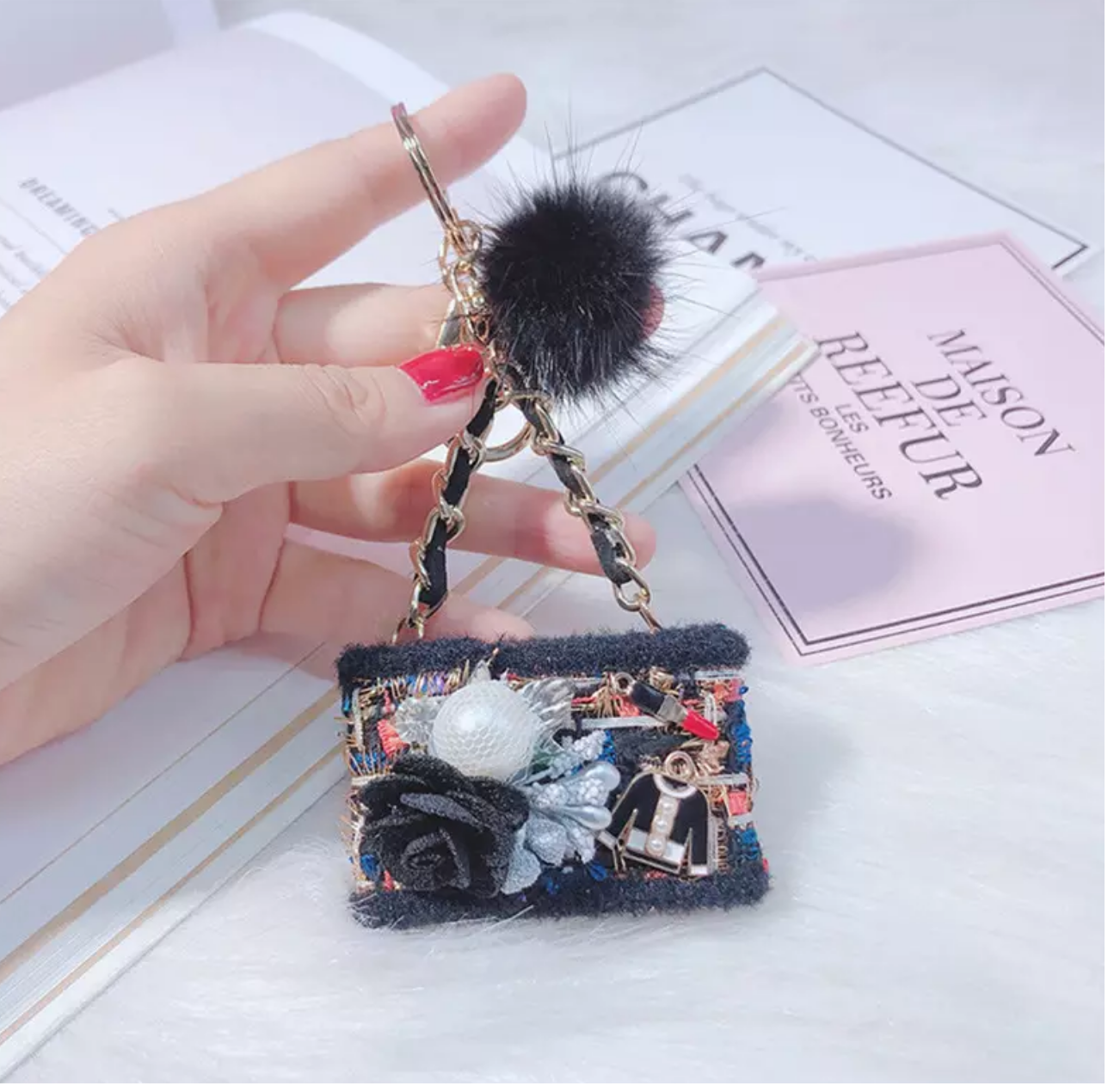 Creative Fur Tassel Ball Diamond Crystal Rhinestone Handbag Car Keychain Ladies Gift Pendant Keyring