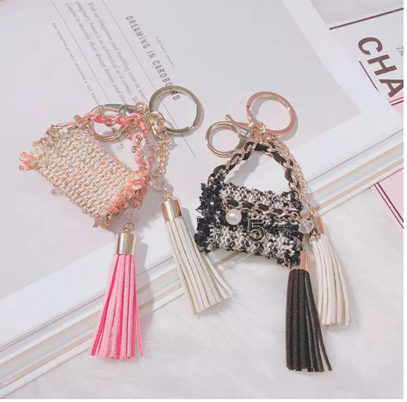 Creative Fur Tassel Ball Diamond Crystal Rhinestone Handbag Car Keychain Ladies Gift Pendant Keyring