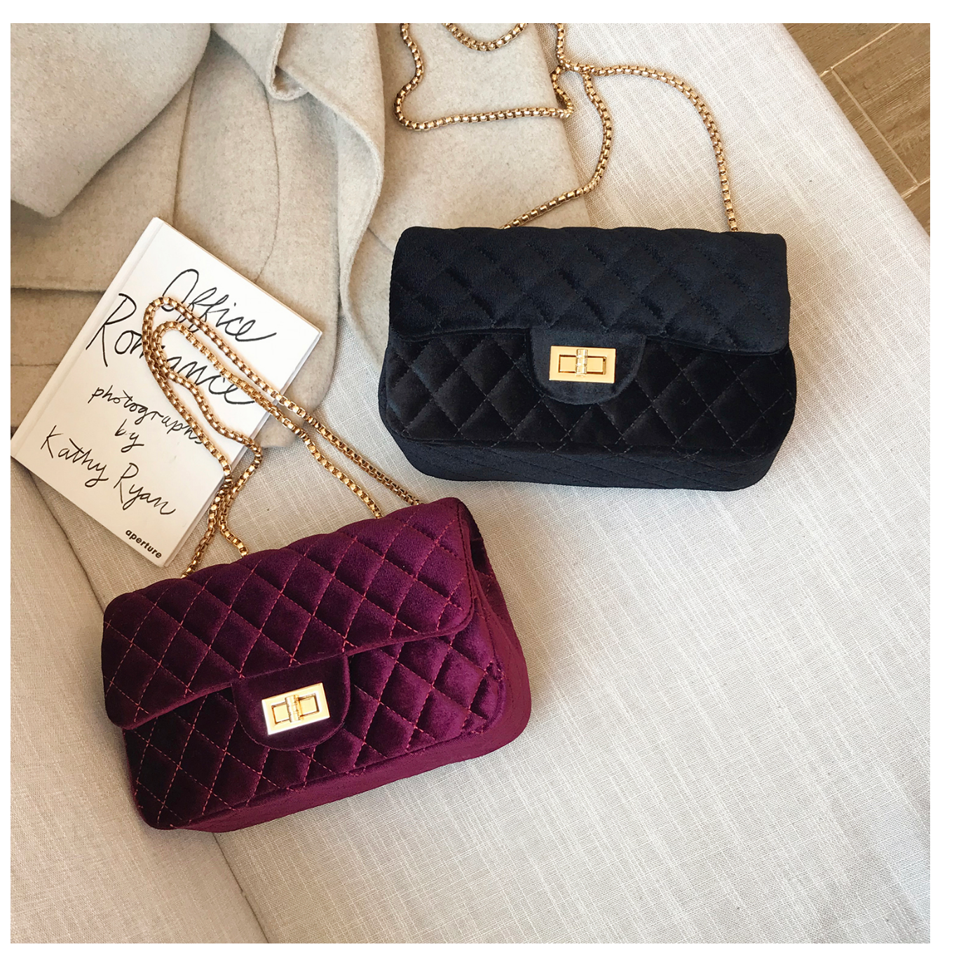 Diamond Lattice Small Square Bag Luxury Trendy Chain Crossbody Bags Soft Velvet Shoulder Handbags Women Bolsa de Hombro