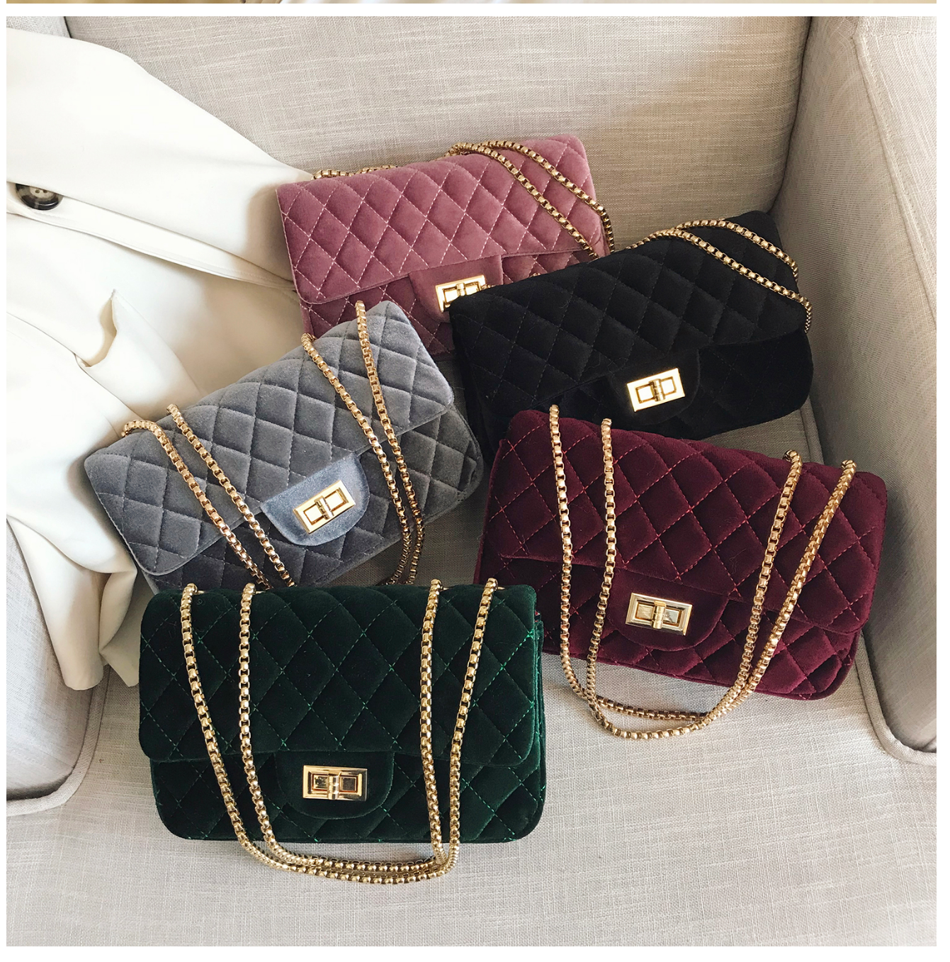 Diamond Lattice Small Square Bag Luxury Trendy Chain Crossbody Bags Soft Velvet Shoulder Handbags Women Bolsa de Hombro