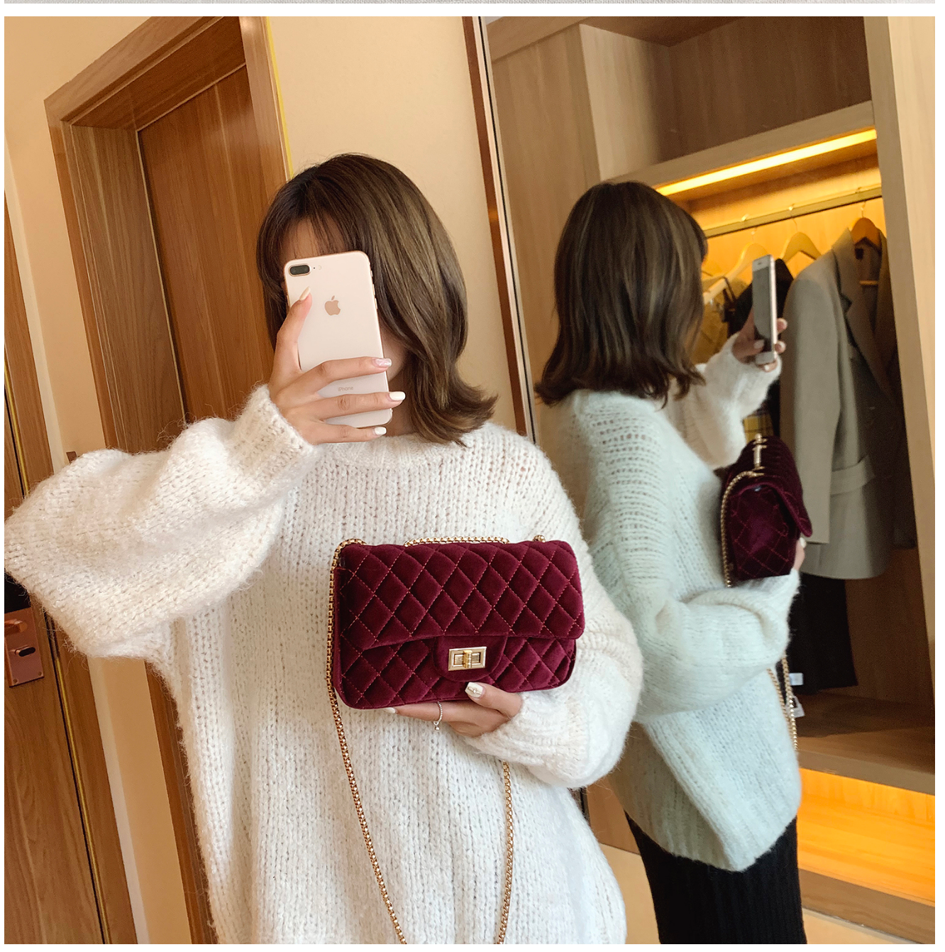 Diamond Lattice Small Square Bag Luxury Trendy Chain Crossbody Bags Soft Velvet Shoulder Handbags Women Bolsa de Hombro