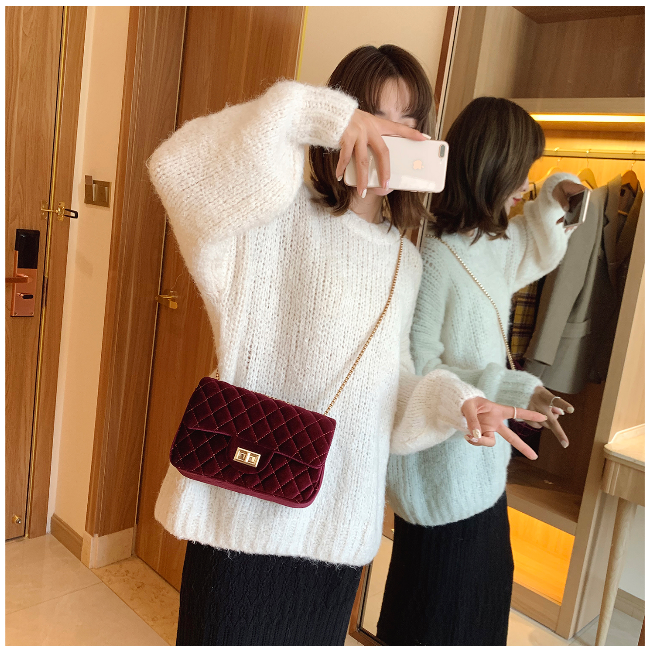 Diamond Lattice Small Square Bag Luxury Trendy Chain Crossbody Bags Soft Velvet Shoulder Handbags Women Bolsa de Hombro