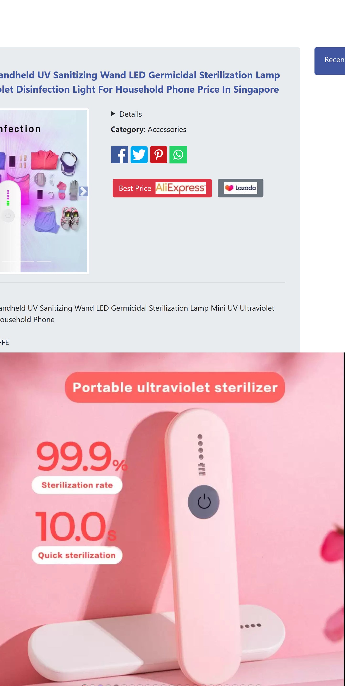 P - Travel size UV Sanitizer Wand USB Rechargeable UVC Sterilizer 99.9% Sterilization