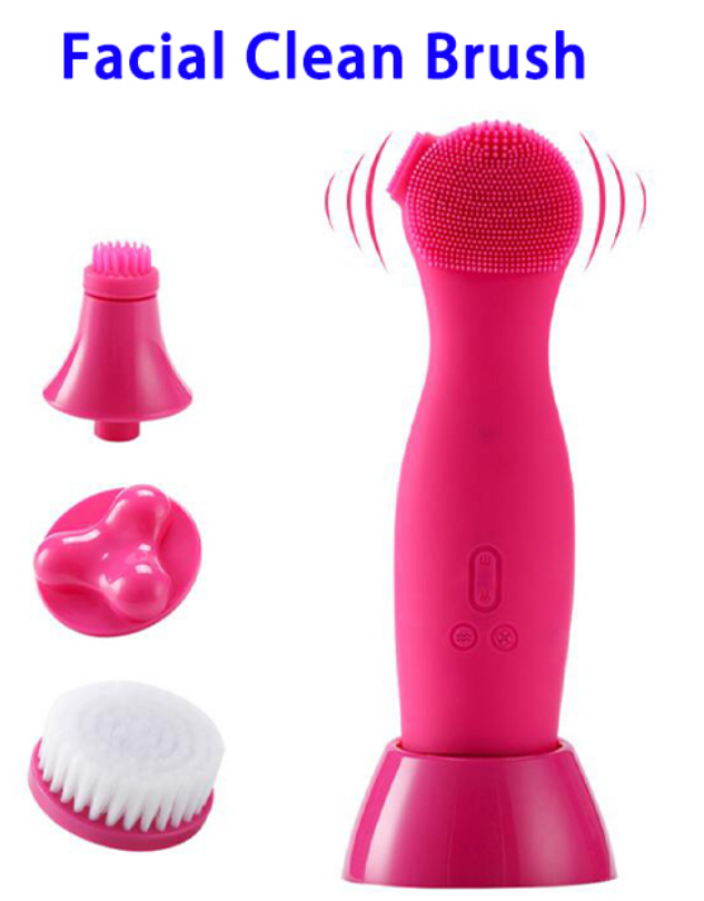 A - 6 in 1 Facial Cleansing Device Brush Set Rechargeable Spa Skin Care Exfoliator Pink Blue