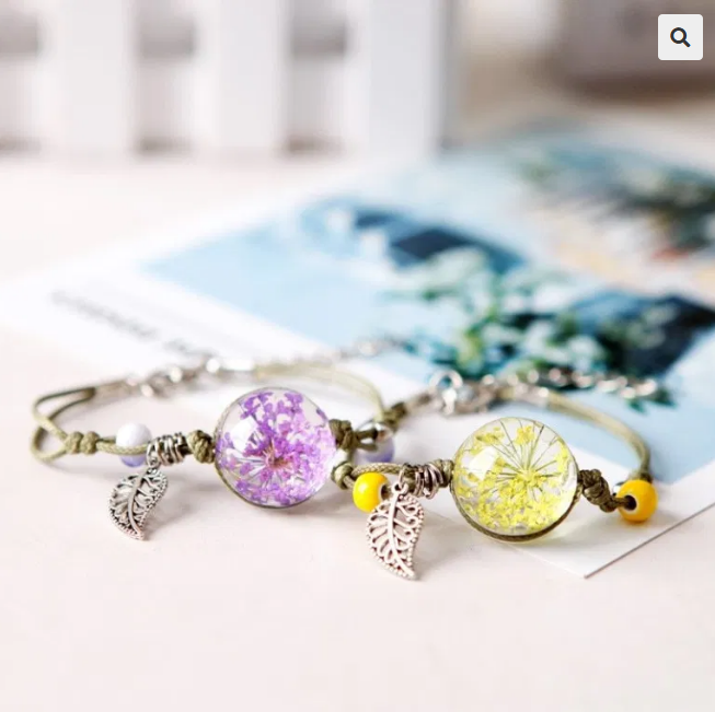Z - Real Flower Glass Resin bead Preserved Dry Flowers Adjustable Bracelet Boho Friendship Gifts