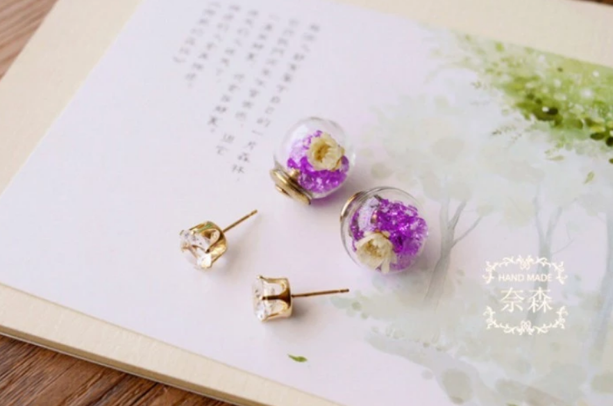 N - Real Dry Flower & Crystals in Glass Bead Earrings Reversible Crystal flowers Gift