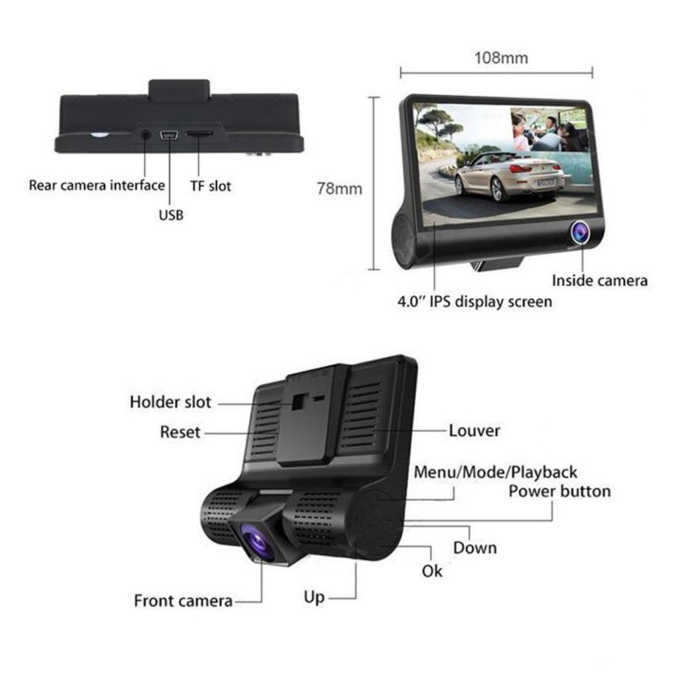 L - Dash Cam 4.0 Inch 3 Lens Car Black Box HD 1080P 170 Degree Wide Angle Car Camera DVR Video Recorder G-Sensor Dashcam