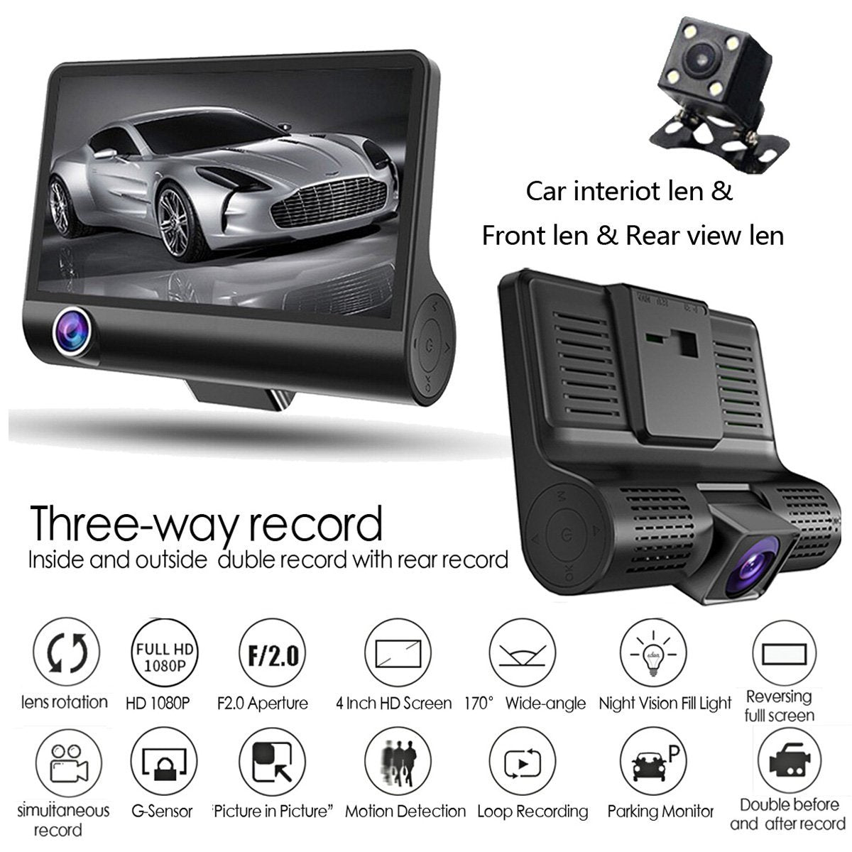 L - Dash Cam 4.0 Inch 3 Lens Car Black Box HD 1080P 170 Degree Wide Angle Car Camera DVR Video Recorder G-Sensor Dashcam