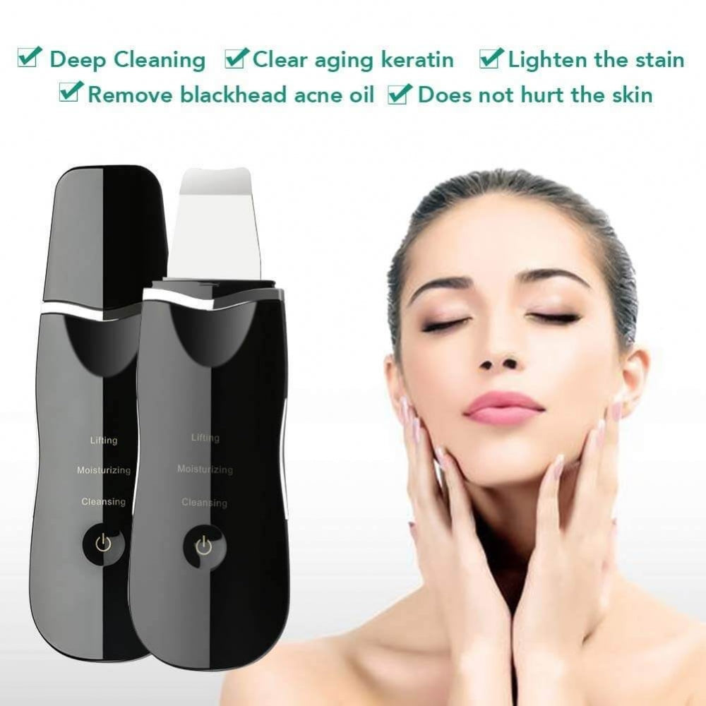 A - Black Ultrasonic Facial scrubber face spatula cleansing device blackhead remover